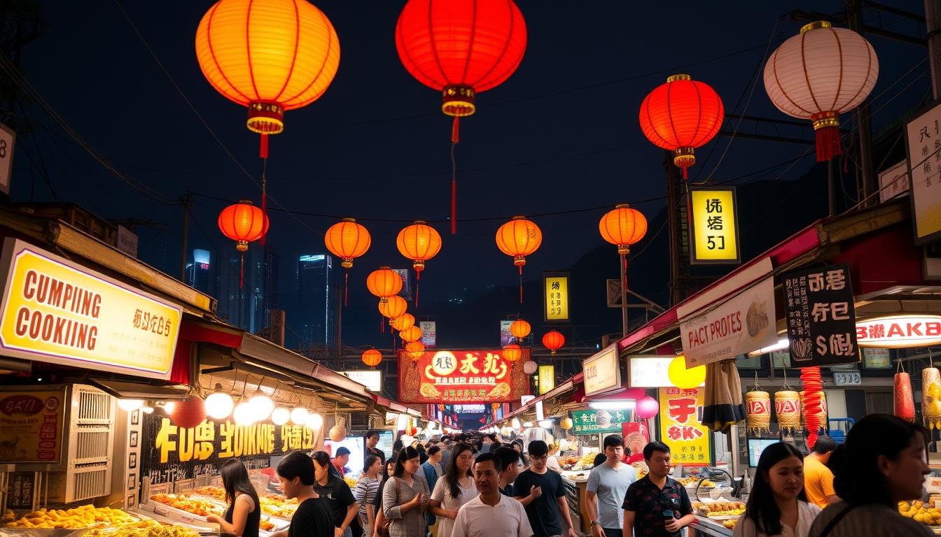 Busy Taiwanese night market with food stalls and red lanterns