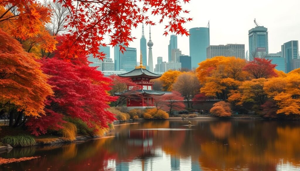 Autumn foliage in Tokyo with golden leaves