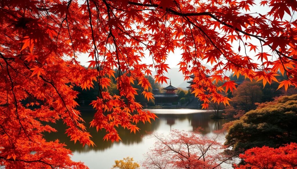 Japan autumn leaves at a scenic temple location