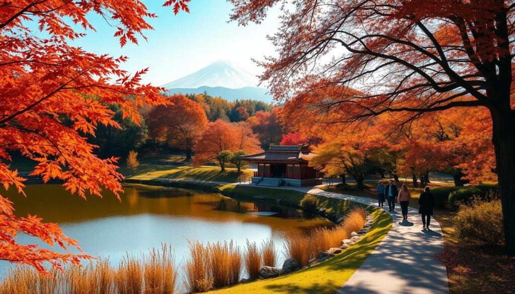 Japanese autumn leaf viewing with red and gold fall colors