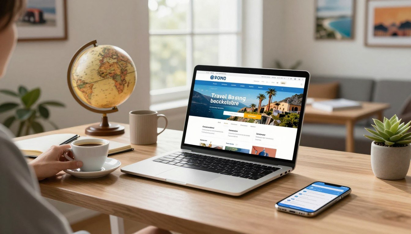 Online travel booking on a laptop