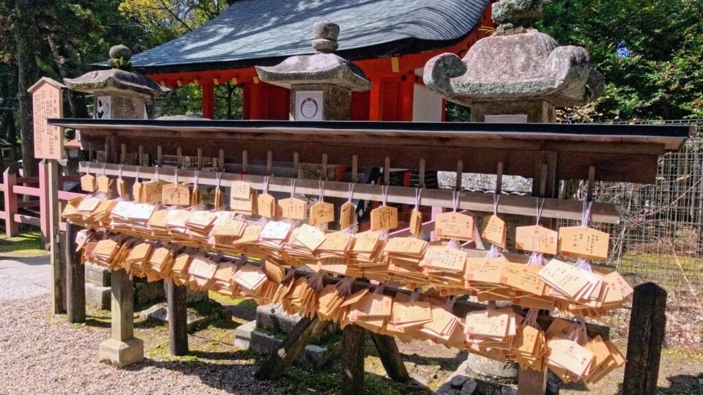Wooden prayer plaques hanging at Kasuga Taisha Shrine in Nara, Japan.