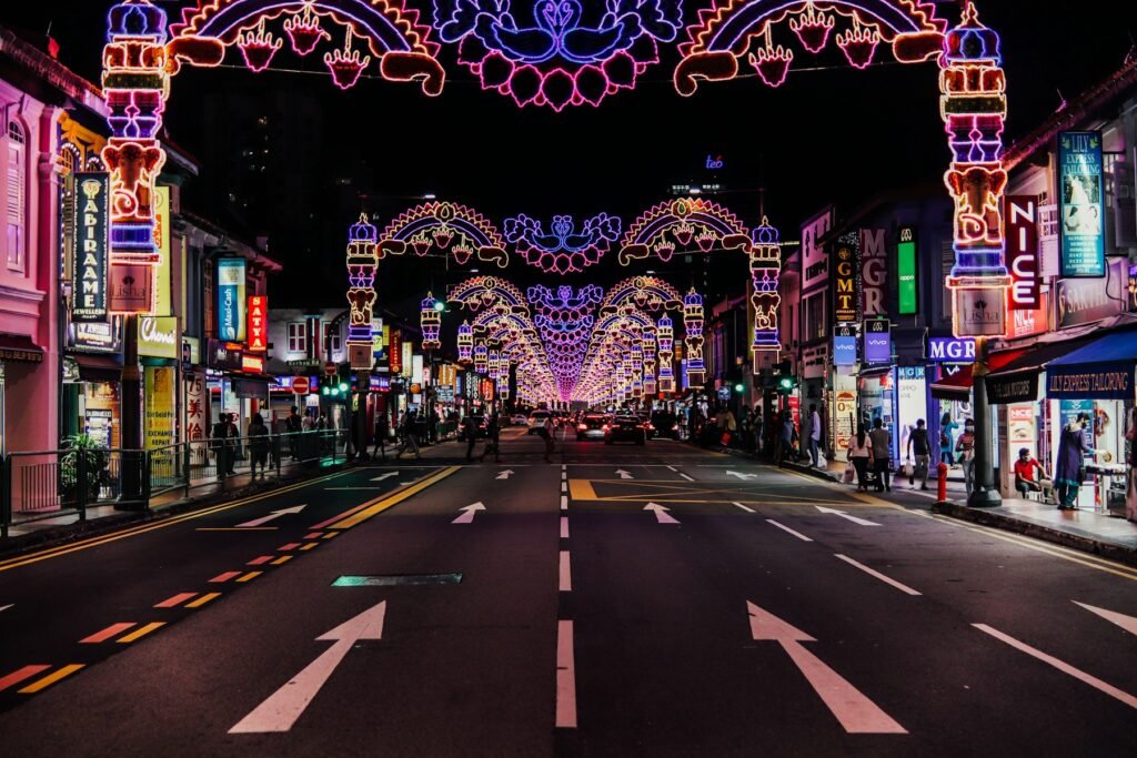 Deepavali lights over Serangoon Road in Little India Singapore